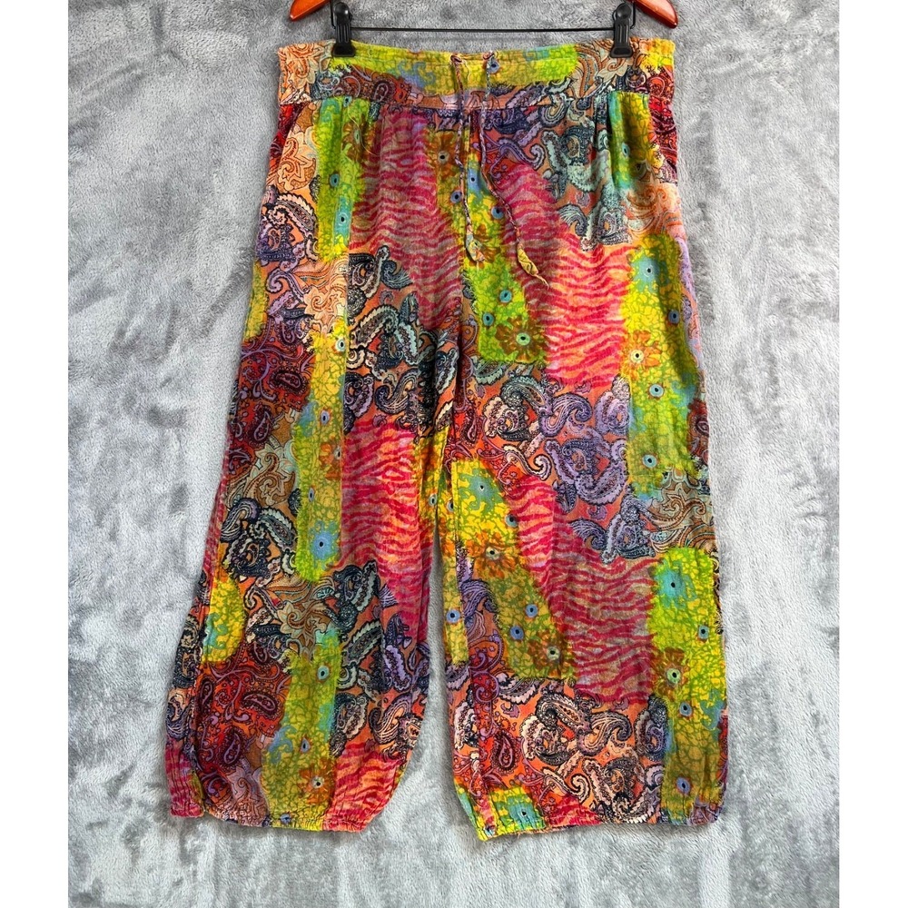 Vintage Boho Harem Pants Womens Large Paisley Multicolor Balloon Festival Hippie